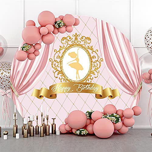 Leyiyi 6.5X6.5Ft Ballerina Happy Birthday Round Backdrop Pink And Gold Ballet Girl Curtain Princess 1St Birthday Party Decor Banner Tutu Ballerina Birthday Party Baby Shower Cake Table Supplies #TOP1