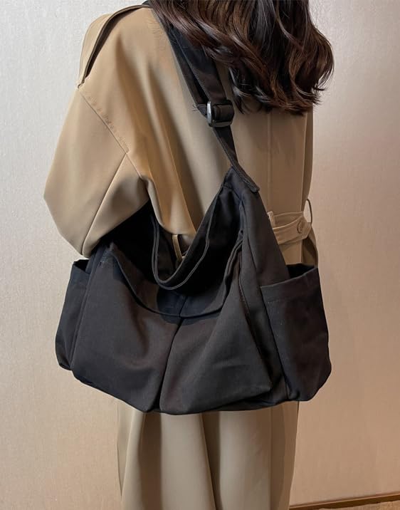 Lauthen.S Grunge Bag Canvas Hobo Crossbody Shoulder Tote Bag for Women and Men Large Messenger Bag with Multiple Pockets Black