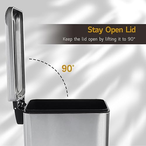 Miniatura 5 de Bote de basura plateado de 10L2.6 galones con tapa, cuenta con un cubo interior extraíble, una tapa de cierre suave y un pedal de acero inoxidable,