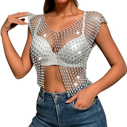 Top de Malla de Cristal para Festival Piedras de Strass Top Tipo Tanque Calado de Red Accesorio Corporal Brillante para Mujeres Camisa de Cadena de Cuerpo Bikini Brillante Crop Ropa para Club