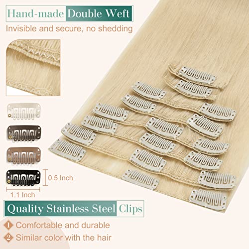 Image of Benehair 8pcs Clip in Hair Extensions Real Human Hair 10inch Remy Human Hair Extensions Straight Natural Hair Extensions Highlighted Bleach Blonde