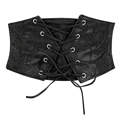 TRIWORKS Women Waist Belt Corset Lace Up Tied Waspie Elastic Wide Belt for Dresses Halloween Pirate Corset Black