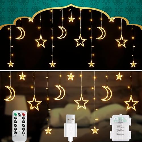 Rideau Lumineux LED 300 Lumières étanche IP54 - 6x1 M, Télécommande, 8 Modes, Minuterie, Alimentation Piles (blanc Chaud) - 5