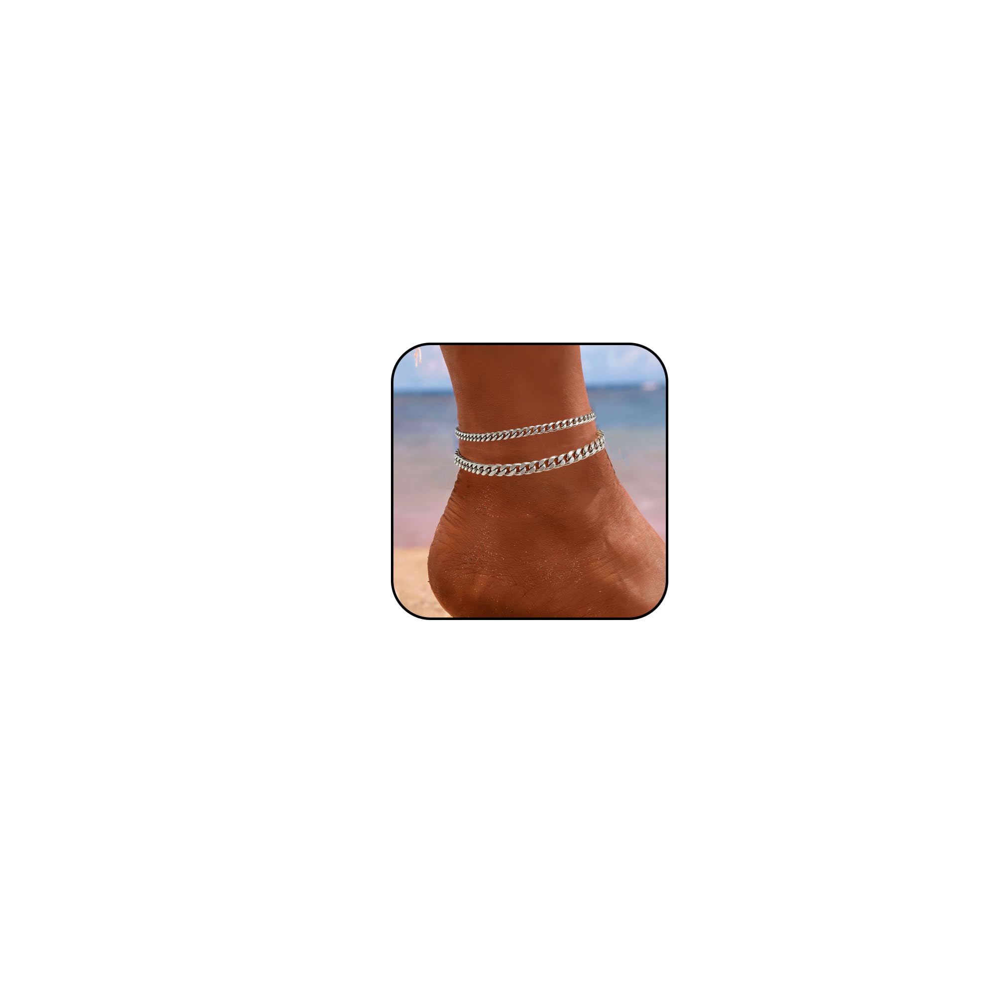 Silver Ankle Bracelets for Women Waterproof Stainless Steel Anklet Adjustable Layered Cuban Silver Anklets Set Summer Beach Foot Jewelry Gift
