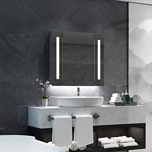 Quavikey Bathroom Mirror Cabinets LED Illuminated Mirrored Bathroom Cabinets Wall Mounted With Light Shaver Socket Demister For Makeup Cosmetic Shaver Charging 650 x 600mm