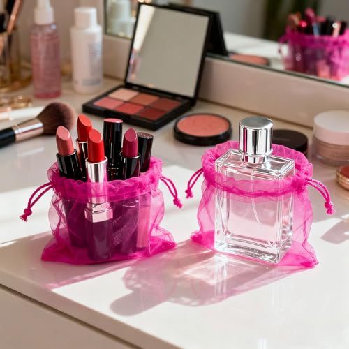 Image of 100PCS Organza Bags, 4x6 inches (10x15cm) Small Mesh Bags Drawstring, Hot Pink Jewelry Gift Pouches for Valentine's Day, Wedding, Party, Festival