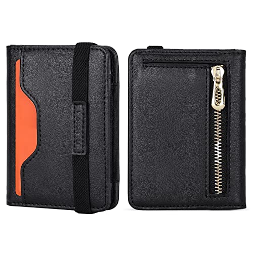 nuoku Minimalist Wallet for Men, Leather Slim RFID Mens Wallet, Bifold Front Pocket Wallet with ID Window and Elastic Card Slot, Max 9 Cards (Black)