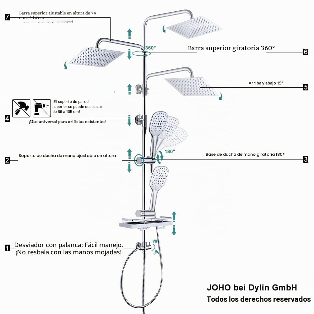 JOHO Columna de Ducha en Acero INOX sin Grifo Termostático, Conjunto ducha con Barra Ducha Altura Adjustable, Cabezal Ducha Lluvia 20x20 cm y Estante, Cromo