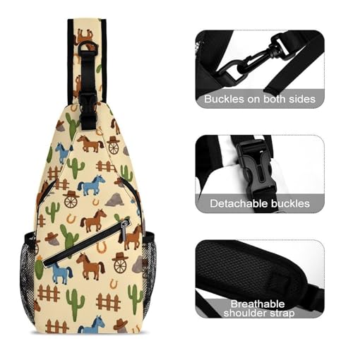 Fashion Traveling Running Casual Chest Bag, Dress Decor Sling Backpack, Shoulder Bag Casual Day Pack Western Cowboy Retro Horse Style3