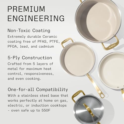 Image of Made In Cookware - 7-Piece CeramiClad Non Stick Pot and Pan Set (Antique Brass Handle) - 5-Ply Stainless Clad - Professional Cookware - Crafted in Italy - Induction Compatible