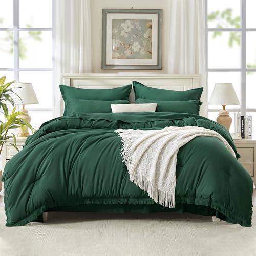 Image of Andency Full Size Comforter Set with Sheets Dark Emerald Green -7 Pieces Bed in a Bag Boho Tassel Bedding Sets, All Season Fringe Bed Set with Comforter, Sheets, Pillowcases & Shams