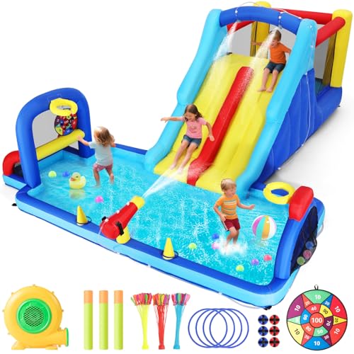 Rave Bongo Water Bouncer Inflatable Water Slide Bounce House, Double Slide Bouncer Castle Playhouse w/Splash Pool,Jump Area,...