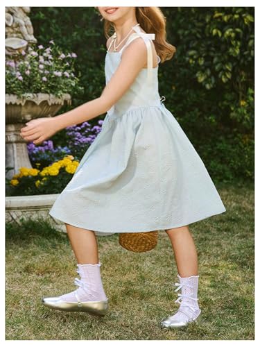 Verdusa Girl's Floral Jacquard Bow Tie Shoulder Dress Sleeveless A Line Flared Summer Dresses4