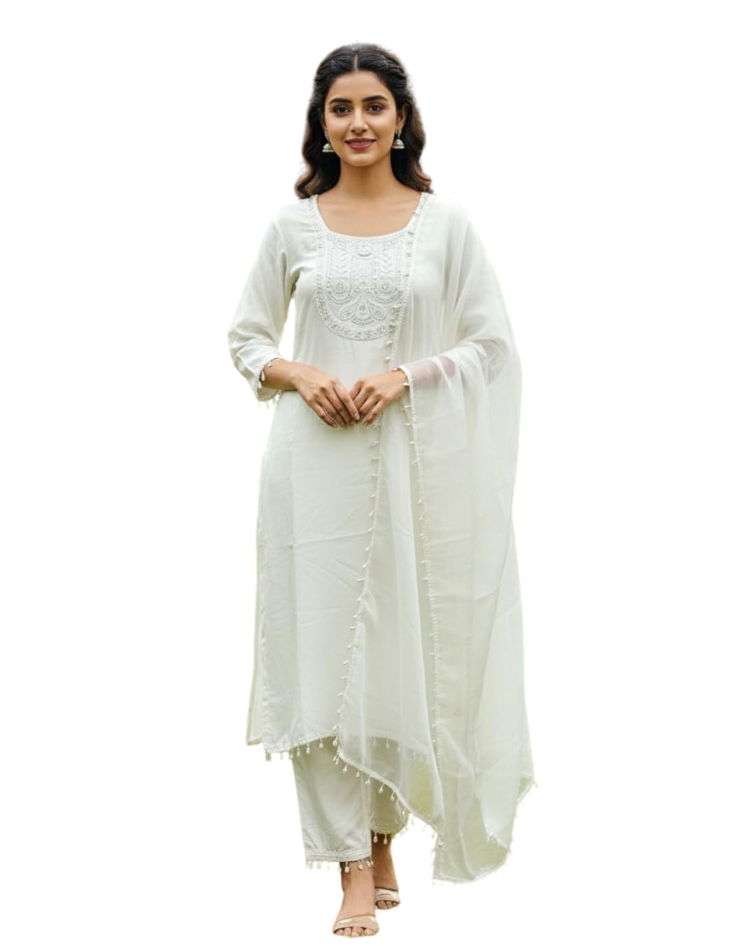 Women chanderi cotton embroidery work kurti with pant and organza dupatta set for women-picture-18
