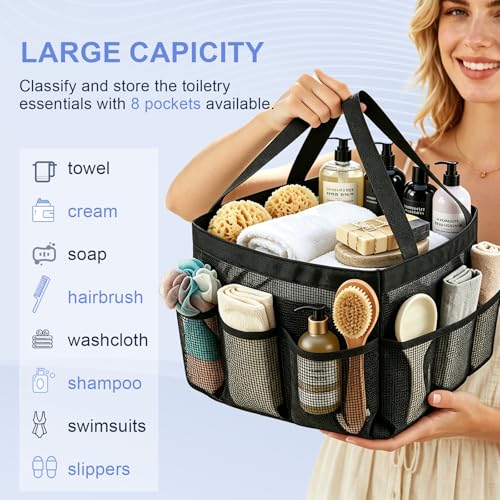 Mesh-Shower-Caddy-Portable-Quick-Dry-Hanging-Shower-Tote-Bag-Large-Capacity-with-8-Outer-Pockets-Reinforced-Dual-Handles-College-Dorm-Room-Essentials-Beach-Swimming-Gym-Travel