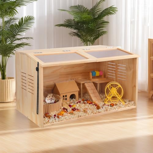 Wooden Hamster Cage,32" Lx16 Wx16 H,2 Washable Liner, Animal Cabinet for Dwarf Syrian Hamsters Degus, Hamster Habitat with Openable Top and Large Acrylic Sheets, Natural Wooden Hamster Habitat - Image 2