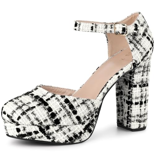 Allegra K Women's Round Toe Platform Tweed Chunky Heels Pumps