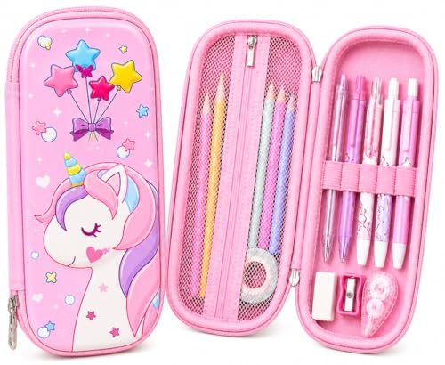 Image of Goyal's 3D Unicorn Geometry Pencil Pouch for Kids Girls & Boys | Hard Shell EVA Pencil Case | Large Capacity Double Layer Geometry Box with Pen Slots & Mesh Pocket | Waterproof School Organizer