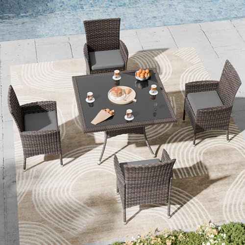 Kullavik 5-Piece Patio Table Set,Outdoor Rattan Dining Furniture with Umbrella Hole,Wicker Chairs with Glass Tabletop Table All Weather 4 Chairs for Lawn&Garden,Grey