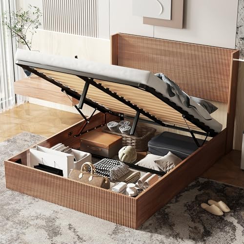 Image of Ball & Cast Queen Size Lift Up Storage Bed Frame with Wingback Headboard,Wooden Grooved Undulating Platform Bed Frame Queen with Hydraulic Storage,No Box Spring Needed,Rustic Brown
