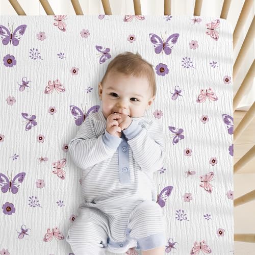 Image of Little Grape Land Muslin Crib Sheets Fitted for Boys and Girls 2 Pack, 100% Cotton Baby Bed Sheets Soft Breathable, Neutral Fitted Baby Mattress Sheets for Standard Crib 52x28 inches, Purple Butterfly