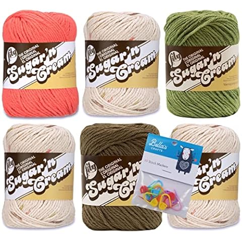 Lily Sugar'n Cream 100% Cotton Yarn 6-Pack Bundle with Bella's Crafts Stitch Markers (Sonoma Mix) Cover
