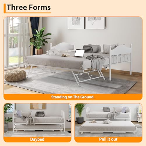 Image of Garvee Twin Daybed with Trundle, Twin Bed Frame with with Stylish Headboard | Sofa BedFrame with Pop Up Foldable Trundle Bed, Heavy Duty Steel Slats Platform for Bedroom and Guest Room, White