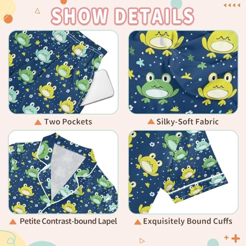senya Green Frog Yellow Satin Summer Pajama Sets Silk Short Sleeve Button Down Sleepwear3