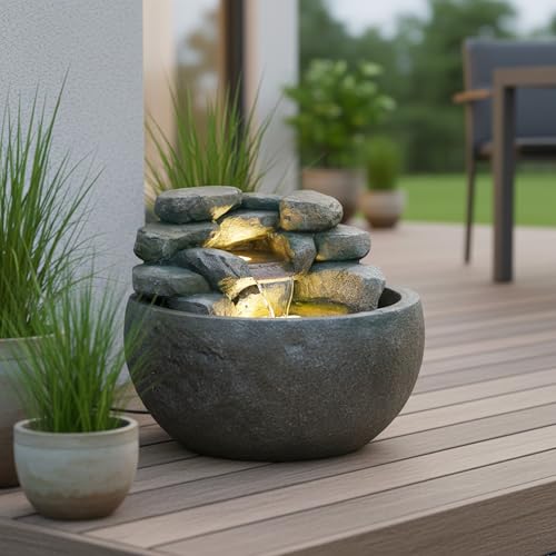Gartenbrunnen BK911 Ø50 cm – Runder Springbrunnen in Steinoptik mit Wasserfall, warmweiße LED...