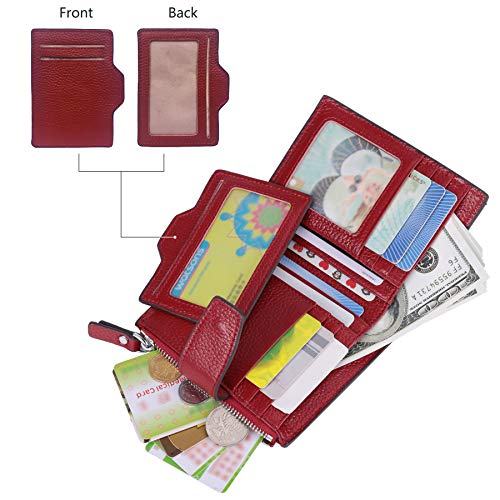 AINIMOER Women's RFID Blocking Leather Small Compact Bi-fold Zipper Pocket Wallet Card Case Purse(Stitched Wine)