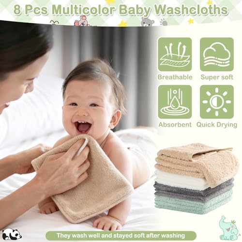 Image of 14 Pcs Baby Towels Washcloths and Baby Bibs Set, 4 Pcs 32x32 Hooded Bath Towel, 8 Pcs Baby Washcloths and 2 Pcs Cotton Baby Bibs for Newborns, Toddlers and Kids, Soft Baby Towel Set for Boys and Girls