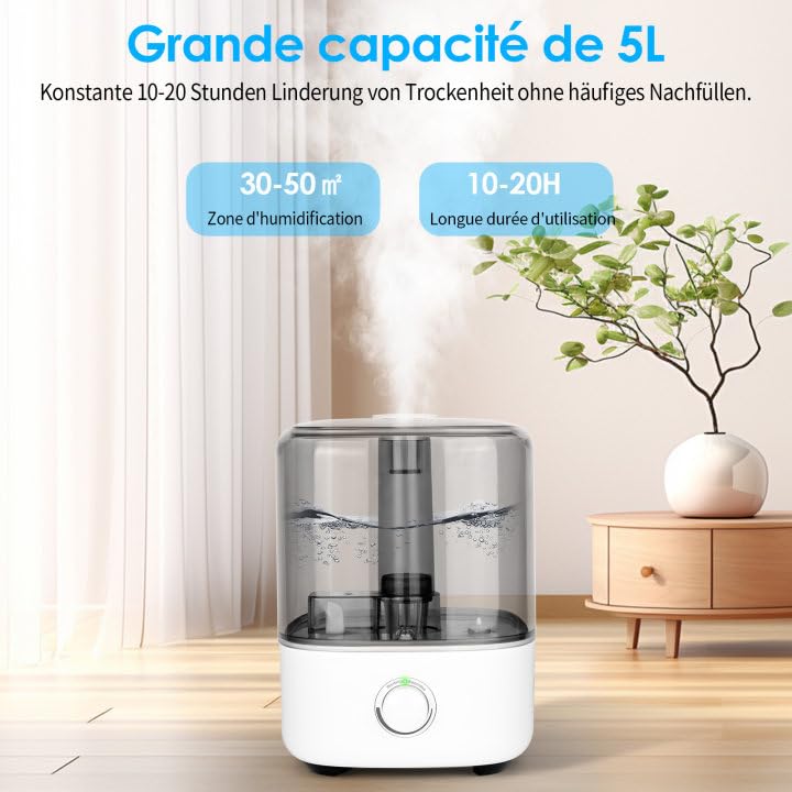 Humidificateur d'air Chambre 5L, Vankarr Ultrasons 28dB Silencieux Humidificateurs d'Air Bébé Top-Fill humidifier d'air pour Chambre Bureau, Enfants et Plantes, BPA Free,Arrêt Automatique – Image 4