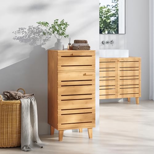 [en.casa] Badezimmerschrank Epind Badschrank Mehrzweckschrank 75 x 33 x 30 cm Midischrank mit 1 Tür und 1 Schublade Bambus Natur