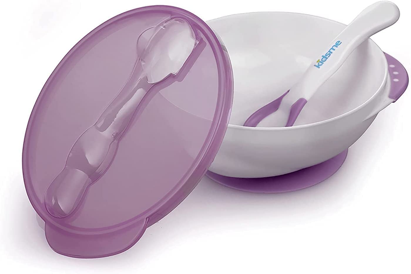 Kidsme Suction Bowl with Ideal Temperature Feeding Spoon Set, for baby girl, from 9 months and above - Plum