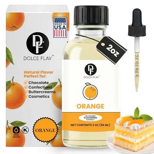 Dolce Flav Natural Orange Extract 2 Ounce Oil-Soluble Kosher Sugar-Free Concentrated Citrus Flavor for Candy Chocolates & Desserts Includes Measured Dropper