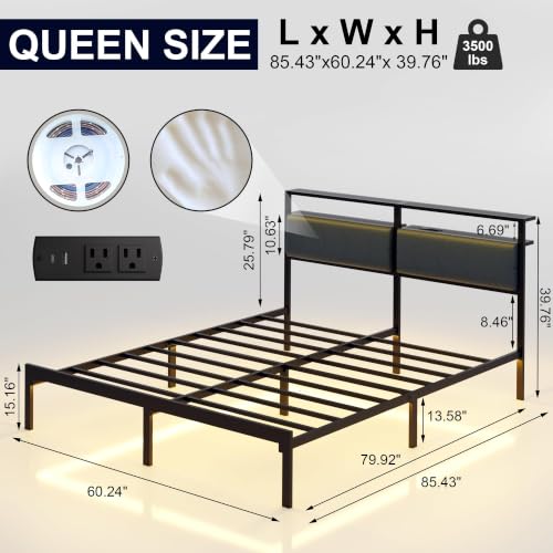 Image of J.Fkne Queen Bed Frame with LED Lights & Charging Station, Metal Platform Bed Frame with 2 Tier Storage Headboard, Under Bed Storage, No Box Spring Needed, Noise Free, Easy Assembly