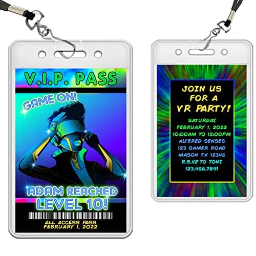 Boy VR Birthday VIP Pass Lanyards - Virtual Reality Lanyard Invitations - VIP Lanyards Video Game - Gamer Birthday Invites - Vr Party Passes
