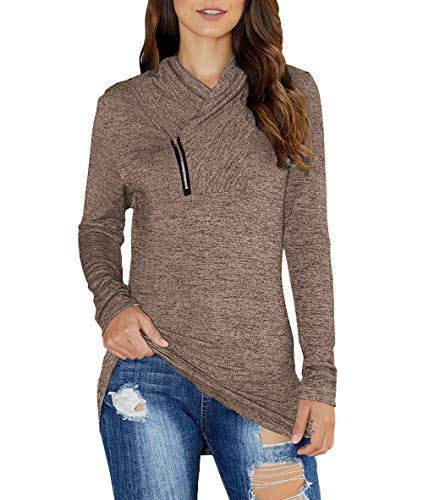 KIRUNDO 2019 Winter Women’s Long Sleeves Pullover Zipper Cowl Neck Tops Solid Color Sporty Sweatshirts (Medium, Brown)
