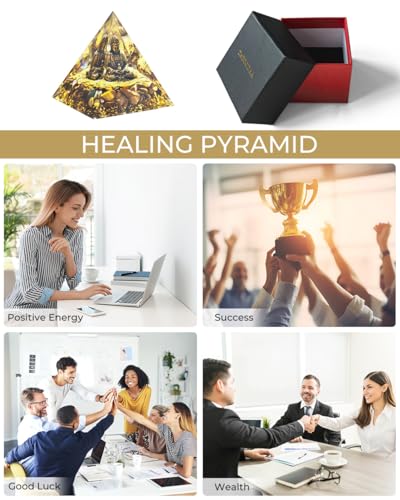 Image of Orgone Pyramid with Healing Crystals - (Buddha, Golden) - Energy Generator for Positive Vibe, Stress Relief & Chakra Reiki Meditation - Pyramid Decor - Spiritual Gift for Success, Wealth & Prosperity