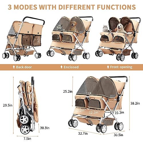 Joyfultails Hundewagen, Doppel-Haustier-Kinderwagen, faltbarer Kinderwagen für 2 Hunde und Katzen, Zweisitzer-Tragetasche, Twin Dog Walk Jogger, Reise-Haustierwagen mit Stauraum, Beige