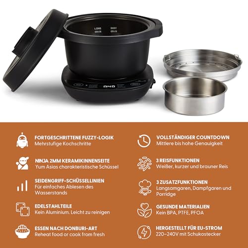 Yum Asia Kotori Mini-Donburi-Reiskocher mit fortschrittlicher Fuzzy-Logik, Ninja-Keramikschüssel (1 Tasse, 0,18l), 3 Reisfunktionen, 3 Multicooker-Funktionen, LED-Anzeige, 220–240V (Anthrazitschwarz) – Bild 3