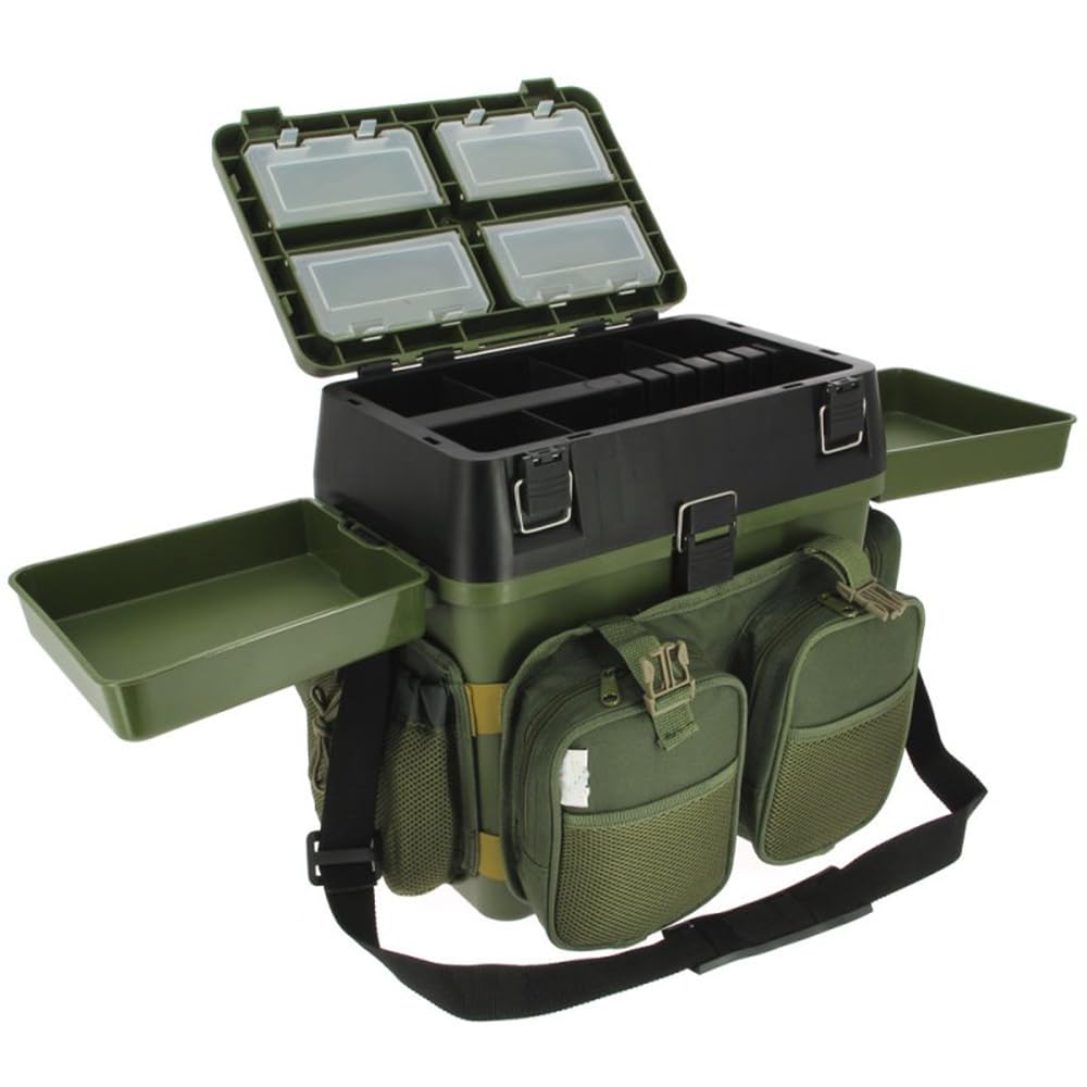 G8DS [Multi Angelkoffer-Rucksack & Sitz-Kiepe in 1 Angeltasche inklusive 4X Tackle-Angelbox für Angelzubehör im Deckel, Angeltasche mit Boxen Angel Tasche Angeltaschen Angelrucksack mit Boxen