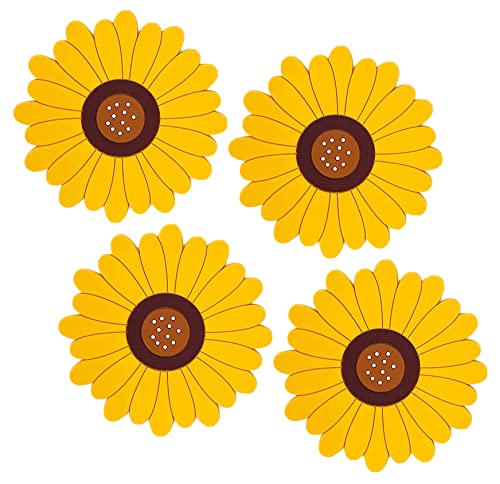 Image of Silicone Trivet Mat - Sunflower Hot Pot Holder Pads - Coasters for Kitchen - Placemat for Hot Dishes - Hot Pads for Table (Set of 4, Big, Yellow)
