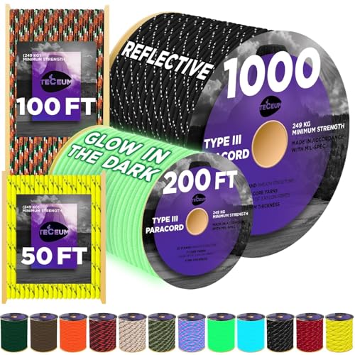 Image of TECEUM Reflective Paracord Rope 1000 - 1000ft /200ft /100ft /50ft - 40+ Colors - Glow in the Dark - para Cord - Utility Rope for Survival, Hunting & Camping Gear - Nylon String, Camping Rope, Tent Cord