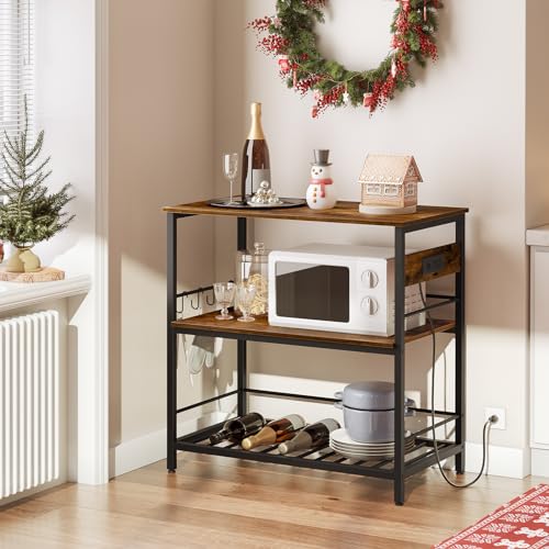 HOOBRO-Kitchen-Island-with-Storage-Kitchen-Island-Table-with-Power-Outlet-354-L-3-Tier-Coffee-Station-and-Microwave-Stand-for-Home-Kitchen-and-Dining-Room-Rustic-Brown-and-Black-BF021ZD01 HOOBRO Kitchen Island with Storage Kitchen Island Table with Power Outlet 354 L 3 Tier Coffee Station and Microwave Stand for Home Kitchen and Dining Room Rustic Brown and Black BF021ZD01