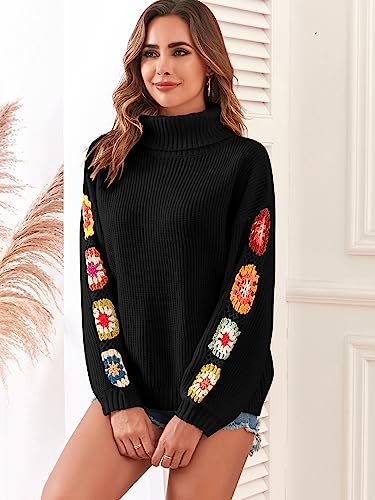Image of ZAFUL Flower Crochet Turtleneck Sweater for Women Pullover Puff Long Sleeve Boho Knit Sweaters Trendy Knitwear Tops