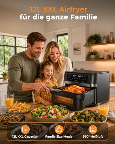 WELLENT 2950W Airfryer 2 Kammern, 12L XXL Heißluftfritteuse mit Sichtfenster, 8-in-1 Heissluftfritteuse Doppelkammer mit Match &… – Ansicht 3