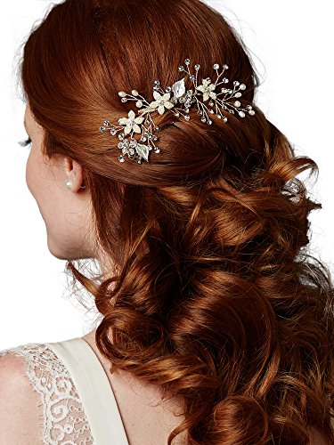 Mariell Bridal Hair Comb with Hand Painted Silver Leaves, Freshwater Pearls and Crystals Sprays