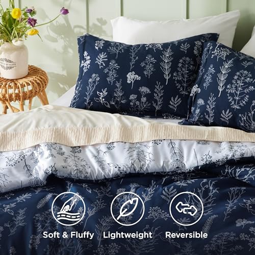 Image of Bedsure Twin /Twin XL Comforter Set - Navy Bed Set, 2 Pieces Cute Floral Bedding, 1 Soft Reversible Botanical Flowers Comforter and 1 Pillow Sham