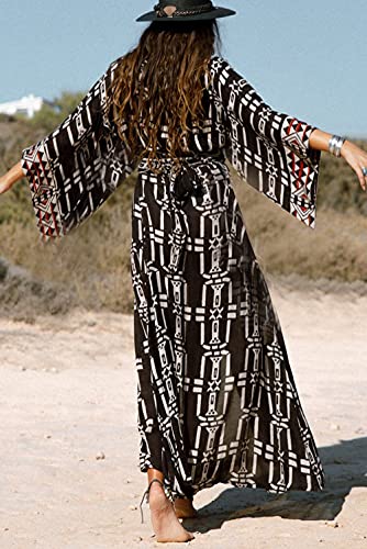 Women's Bohemian Cardigan Maxi Dress Beach Coverup Robe Long Kimono Robs One Size3